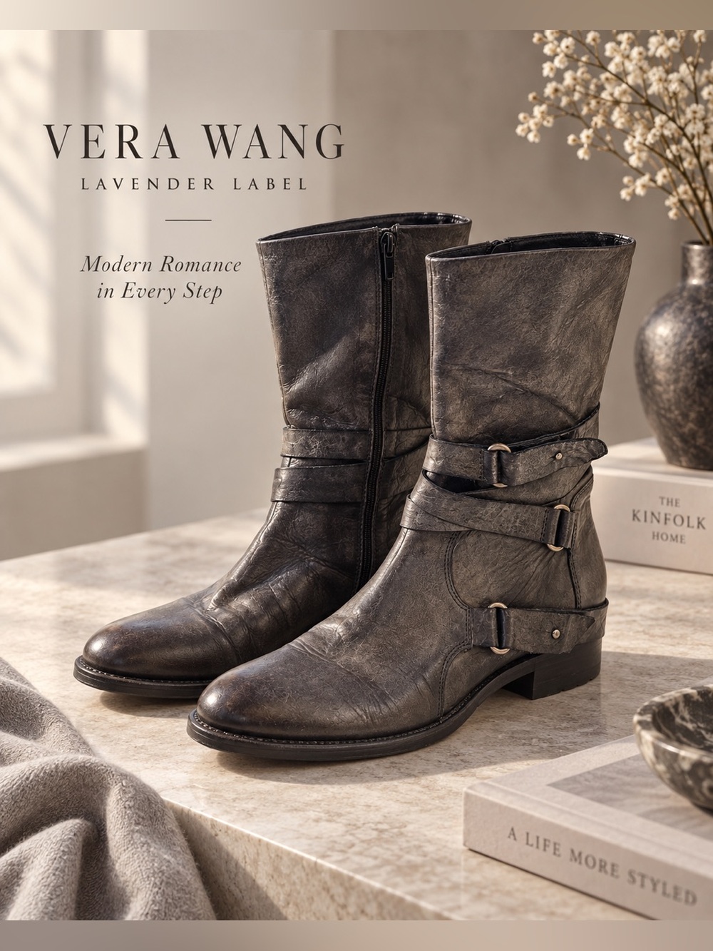Vera Wang Women’s Lavender Grey Leather Boots - 11